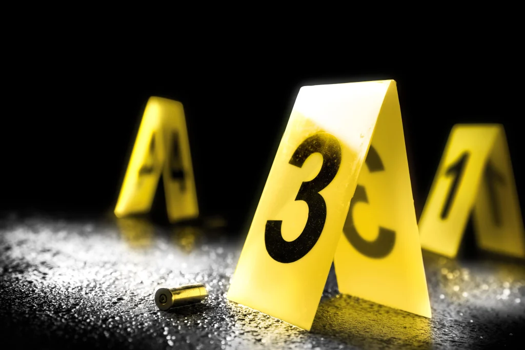 Evidence markers on the floor. For serious violent crimes, it’s important you have an experienced and aggressive Sugar Land violent crimes lawyer on your side. Call us today.