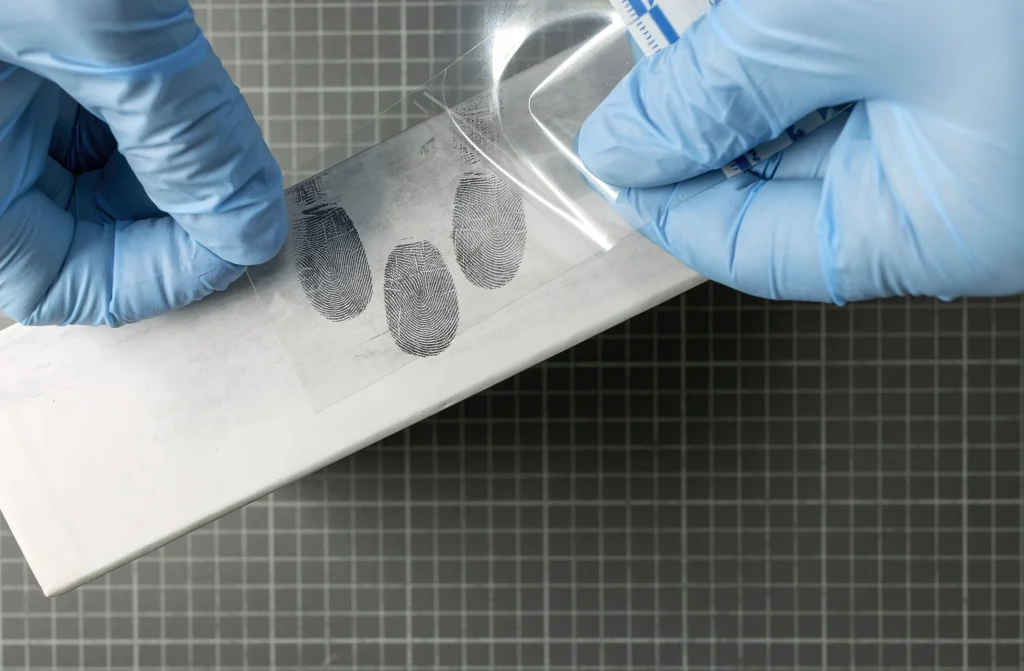 gloved hands taking fingerprint evidence.